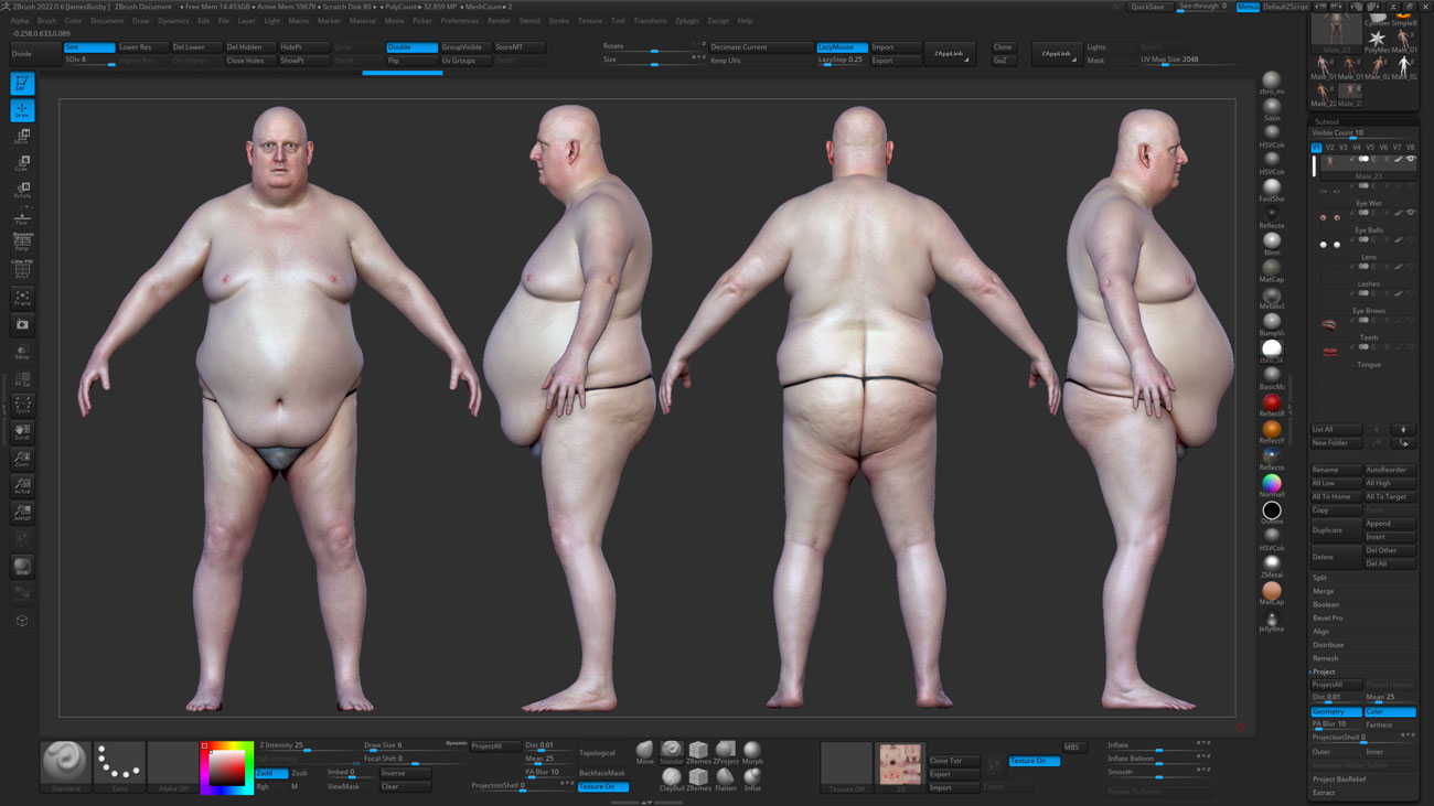 ZBrush ZTool render of a heavy-set male 3D body scan at high subdivision level showing sculpt-ready quad mesh geometry